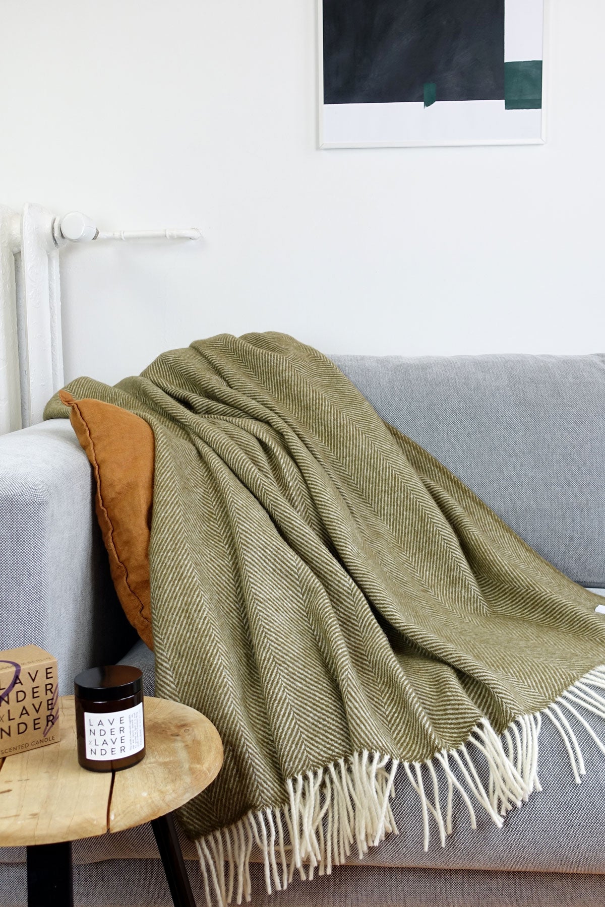 Wollen deken visgraat olijf